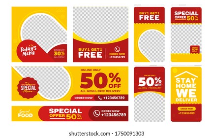 Set of Editable fast food restaurant banner template. Red and yellow background color. Suitable for social media post stories and web internet ads. Vector illustration with photo college.