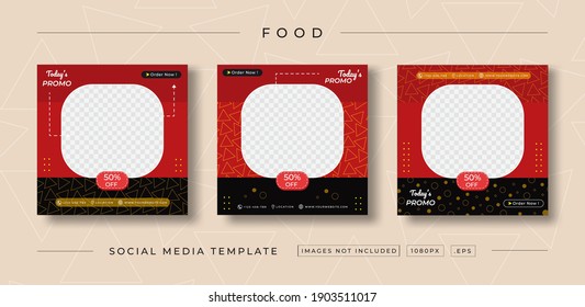 Set of editable food and drink social media sales post templates. Black and red background color with shape. Suitable for social media post and web ads. social media dining sales ad background set.