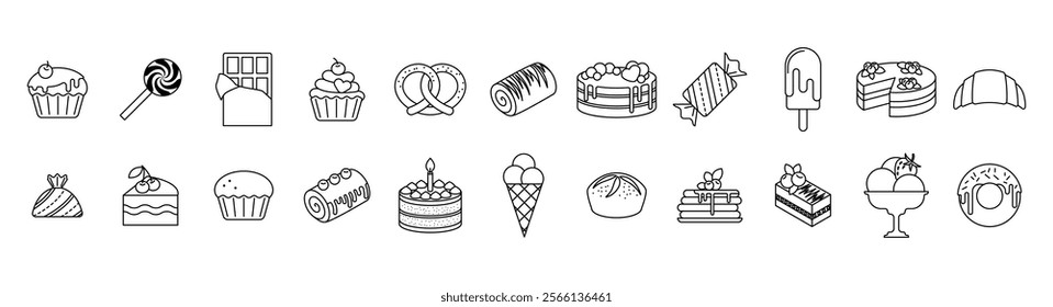 
Set of editable food line icons.   Sweet dissertations. Various cakes, pastries, cupcakes, ice cream. candies, sweet pastries. Vector