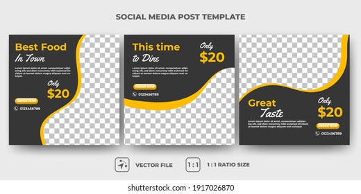 Set of Editable food promotion social media post template. Modern banner with a black background and abstract yellow shape. Flat design vector with photo collage. Suitable for social media and banner.