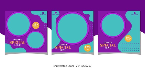 Set of Editable Food Social Media Post Template Design. With purple and blue color scheme usable for food social media post, food business, culinary business, flyers, banners, web ads etc.