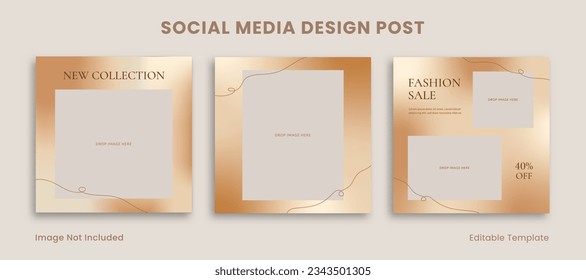 Set of Editable Frame Social Media Instagram Design Post Template Decorated with Golden Gradient and Aesthetic Line. Suitable for Promotion, Advertising, Catalogue Product Fashion, Jewelry, Beauty