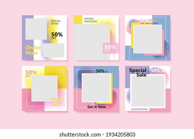 Set of Editable geometric design minimal square banner template. Pink, blue and purple background color. Suitable for social media post and web ads