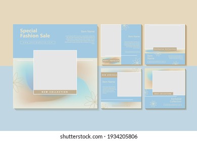 Set of Editable geometric design minimal square banner template. Blue and cream background color. Suitable for social media post and web ads