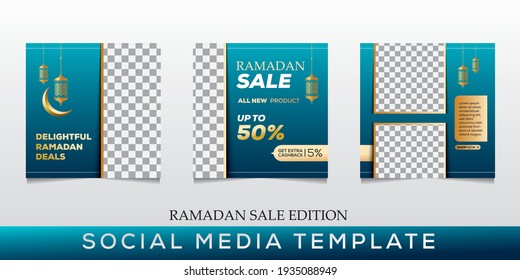 Set bearbeitbarer geometrischer Social-Media-Post-Vorlagen für Ramadan Verkauf. Banner für islamische soziale Medien für digitales Marketing. Vektorgrafik