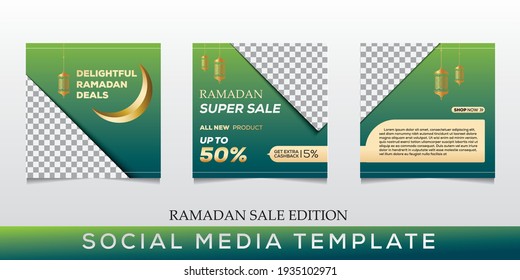 Set of editable geometric social media post templates for Ramadan sale. Islamic social media banner for digital marketing. Vector