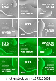 Set of Editable Green Fluid square banner templates. Endless Feed. Gradient Abstract Liquid Background. Social media, internet ads, sale marketing promo. Vector 10 EPS.