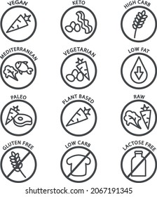 A set of editable icons of diets such as vegan, vegetarian, paleo, keto