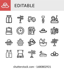 Conjunto de iconos editables. Tales como Pamela, Vest, Signpost, Tow, Sandbox, Scanner, Circular clock, Dossier, Lumaletas, Pamela hat, Woodlouse, Moses basket , iconos editables