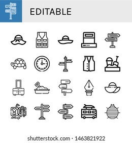 Set of editable icons such as Signpost, Pamela, Vest, Scanner, Turtle, Circular clock, Sandbox, Chest, Pen tool, Luggage, Camper, Woodlouse , editable