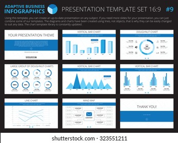 Set of editable infographic presentation templates with graphs and charts on white background