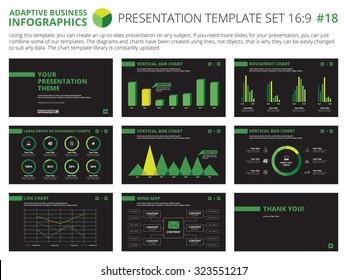 Set of editable infographic presentation templates with graphs and charts on black background