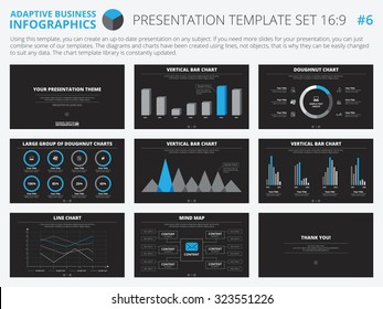 Set of editable infographic presentation templates with graphs and charts on black background