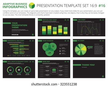 Set of editable infographic presentation templates with graphs and charts on black background