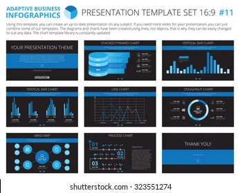 Set of editable infographic presentation templates with graphs and charts on black background