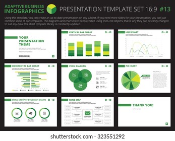 Set of editable infographic presentation templates with graphs and charts on white background