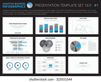 Set of editable infographic presentation templates with graphs and charts on white background