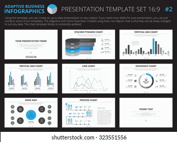 Set of editable infographic presentation templates with graphs and charts on white background