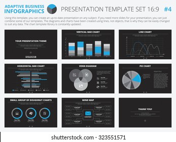Set of editable infographic presentation templates with graphs and charts on black background