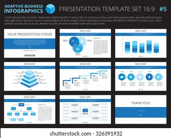 Set of editable infographic presentation templates with graphs and charts on white background