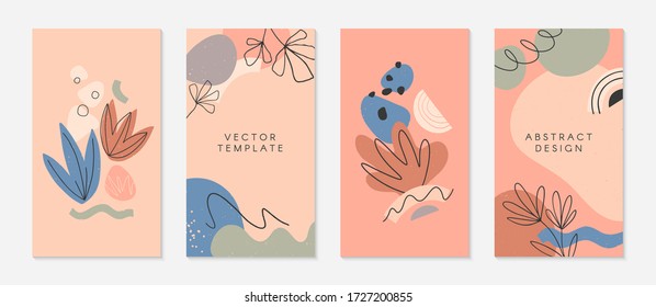 Set of editable insta story templates with copy space for text.Modern vector layouts with hand drawn organic shapes and textures.Trendy design for social media marketing,digital post,prints,banners.