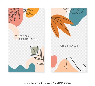 Set of editable insta story templates with copy space for text.Modern vector layouts with hand drawn organic shapes and textures.Trendy design for social media marketing,digital post,prints,banners.