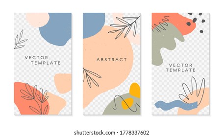 Set of editable insta story templates with copy space for text.Modern vector layouts with hand drawn organic shapes and textures.Trendy design for social media marketing,digital post,prints,banners.