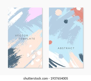 Set of editable insta story templates with copy space for text.Modern vector layouts with hand drawn brush strokes and textures.Trendy design for social media marketing,digital post,prints,banners.