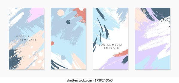 Set of editable insta story templates with copy space for text.Modern vector layouts with hand drawn brush strokes and textures.Trendy design for social media marketing,digital post,prints,banners.