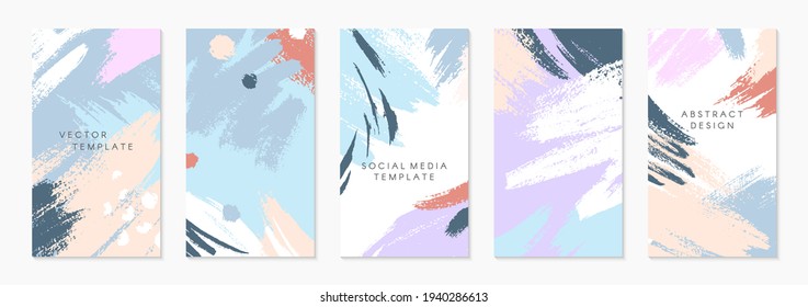 Set of editable insta story templates with copy space for text.Modern vector layouts with hand drawn brush strokes and textures.Trendy design for social media marketing,digital post,prints,banners.