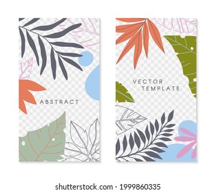 Set of editable insta story templates with tropical palm leaves.Summer vector layouts with copy space for text.Bright vibrant banners.Trendy designs for social media marketing,digital post,prints.