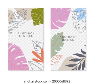 Set of editable insta story templates with tropical palm leaves.Summer vector layouts with copy space for text.Bright vibrant banners.Trendy designs for social media marketing,digital post,prints.