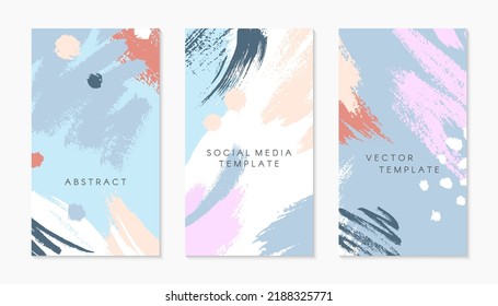 Set of editable insta story templates with copy space for text.Ig smm vector layouts with hand drawn brush strokes and textures.Trendy design for social media marketing,digital post,prints,banners.
