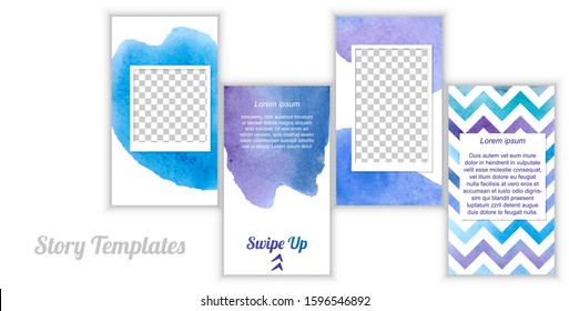 Set Of Editable Instagram Story Templates. Colorful Watercolor Backgrounds And Frames. Blue And Purple Bright Colors. Bundle Of Templates For Social Media And Blog.