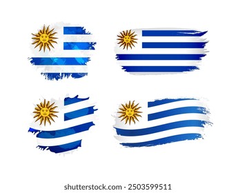 Conjunto de iconos editables aislados con bandera uruguaya. Formas de estilo de cepillado, bandera de Uruguay de fondo con máscara de recorte. Concepto tradicional y 3D de ondulación. colección de arte Clip. Cepillo y manchas de tinta.