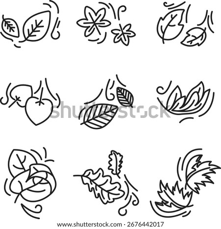 Set of editable, line art, icons based around the theme of falling leaves
