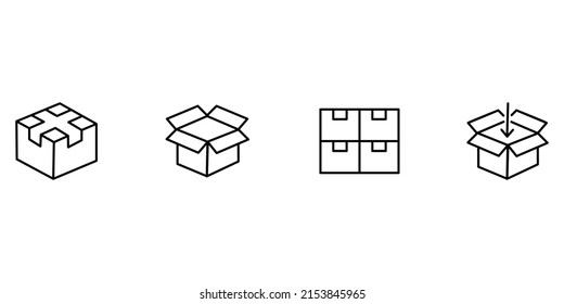 Set of editable line icons about boxes used for moving services including open, closed boxes and stacked boxes