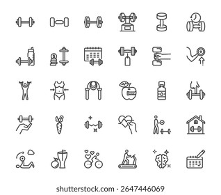 A set of editable line icons featuring dumbbells, fitness, workout routines, healthy lifestyle, and gym-related concepts. wellness and heal editable stroke line 48x48 pixel perfect for design
