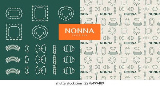 Set of editable line icons and pattern for pasta bar or restaurant branding