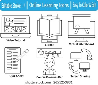 Conjunto de ícones de linha editáveis que representam conceitos de aprendizagem on-line, incluindo folha de perguntas e respostas, e-book, compartilhamento de tela, quadro de comunicações, andamento do curso e tutoriais.