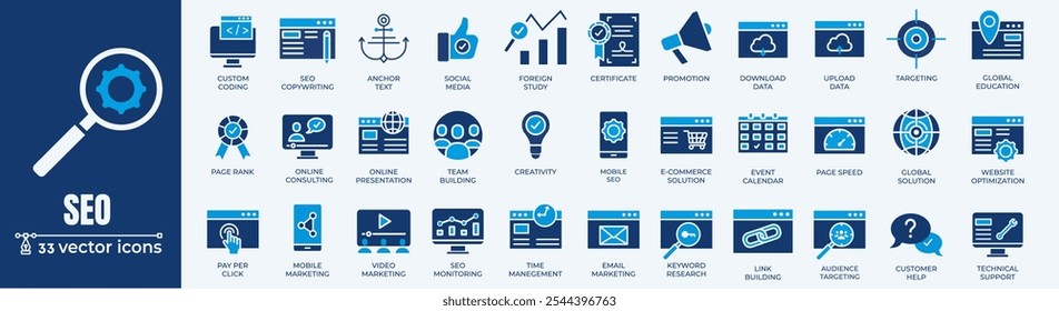 Set of editable line icons of SEO - Search Engine Optimization. Thin line web icon collection. Simple vector illustration of development, optimization, analysis, and analytic.