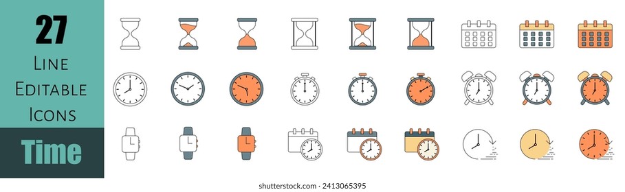 Set of editable linear icons of time, hourglass, timer