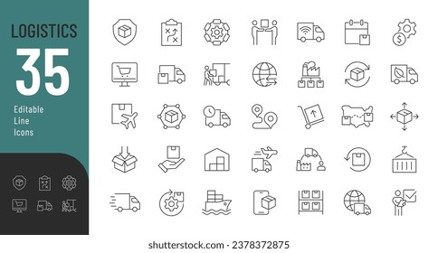 Set of editable logistics service icons. Vector illustration in modern thin line style of supply chain icons: loading, packing, shipping, and distribution, etc. Isolated on white