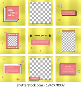 Set of Editable minimal memphis design template. red and yellow background color with stripe line shape. Suitable for social media post and web internet ads. Vector illustration with photo college