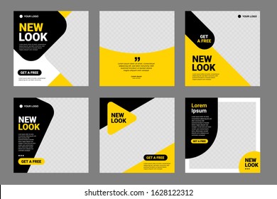 Set of Editable minimal square banner template. Black and yellow background color with stripe line shape. Suitable for social media post and web internet ads. Vector illustration with photo college