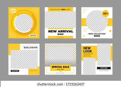 Set of Editable minimal square banner template. Black and yellow background color with stripe line shape. Suitable for social media post and web internet ads. Vector illustration with photo college.