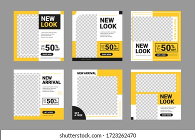 Set of Editable minimal square banner template. Black and yellow background color with stripe line shape. Suitable for social media post and web internet ads. Vector illustration with photo college.