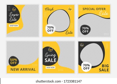 Set of Editable minimal square banner template. Black and yellow background color with shape. Suitable for social media post and web internet ads.
