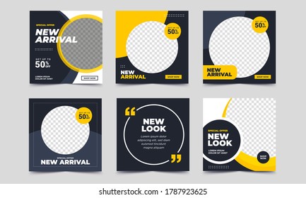 Set of Editable minimal square banner template. Black and yellow background color with stripe line shape. Suitable for social media post and web internet ads. Vector illustration with photo college