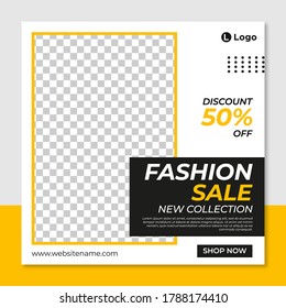 Set of Editable minimal square banner template. Black and yellow background color with stripe line shape. Suitable for social media post and web internet ads. Vector illustration with photo college.